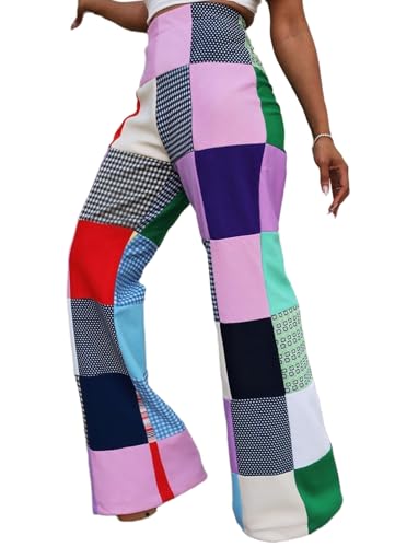 Womens Casual Patchwork Cargo Pants Elastic High Waist Stripe Plaid Gingham Straight Wide Leg Trousers with Pockets