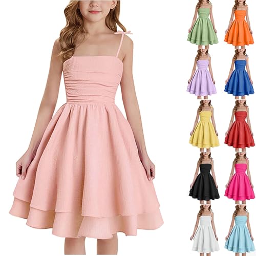 Spaghetti Strap Dresses for Girls Flowy Layered Ruched Smocked Sundress Summer Casual Beach Midi Cami Dress 7-12 Years3