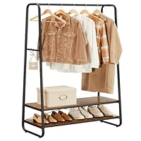 VASAGLE Clothes Rail, Clothes Rack with 2 Shelves, 6 S-Shaped Hooks, Steel Frame, for Bedroom, Rustic Brown and Black RGR112B01