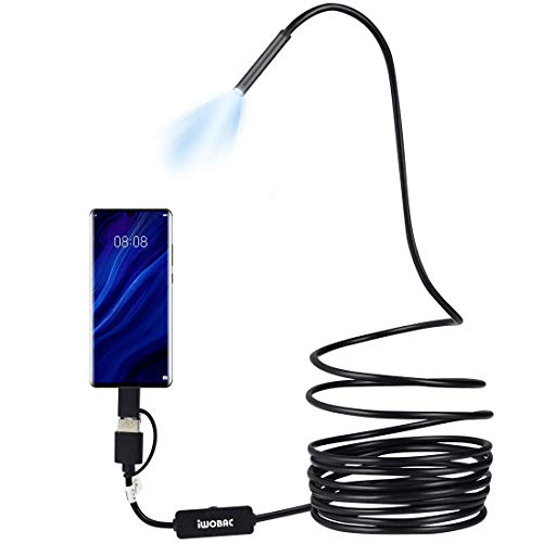 IWOBAC Semi-Rigid Cord Endoscope 3 in 1 Borescope, 5.5mm Waterproof HD Inspection Snake Camera Micro USB and Type C for OTG Android, PC, Notebooks Windows Mac Device with 6 LED Light（5M/16.4FT)