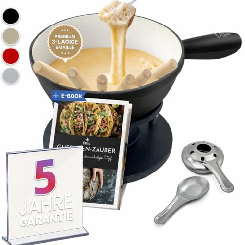 Ottia Fondue Set für 2, 3, 4, 5, 6 Personen aus Gusseisen & Emaille. Als Käsefondue, Fleischfondue, Schokofondue. Induktion geeignet, Schadstofffrei, mit Brenner+Gabeln+Rezeptbuch, Fondü-Set aus HH
