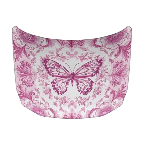 Image of Hood Stretchable Car Hood Protector,Decoration Easy to Clean Print Stylish Car Hood Cover Easy Installation Pink Butterfly Print