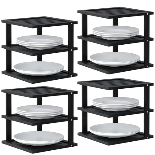 Danfoxer 4 Pack Bamboo Corner Shelf,3 Tier Kitchen Cabinet Organizer for Plates and Dishes,Pantry Storage and Spice Rack（Black）