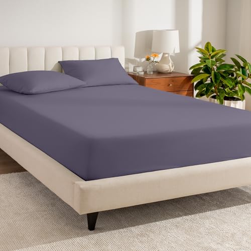 Bare Home 100% Organic Cotton Twin XL Fitted Sheet - Crisp Percale Weave - Lightweight & Breathable - Deep Pocket Fitted Sheet (Twin XL, Dusty Purple)