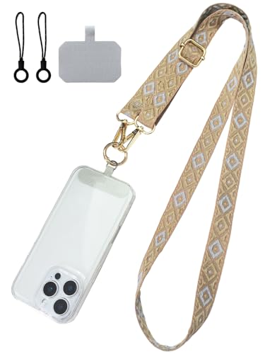 [Oumino] スマホストラップ ショルダー 携帯ストラップ スマホ iPhone 対応 バッグ ショルダーストラップ エスニック ポーチ 肩掛け 調節可能 約62.5～120.5cm 極太 カメラ ネックストラップ 首掛け おしゃれ アウトドア 落下防止（カーキ）