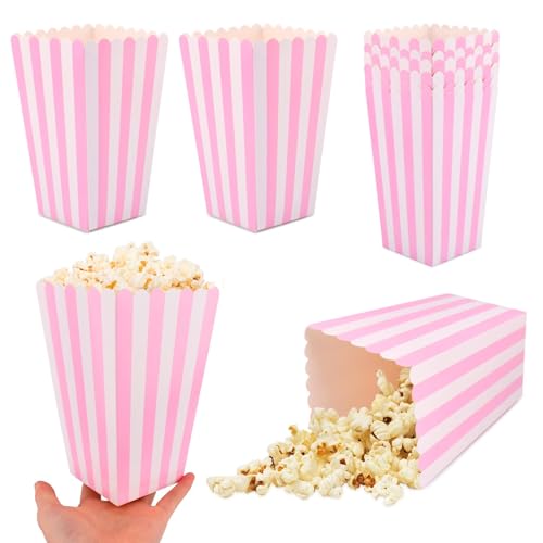 40 cajas de papel rosa para palomitas de maíz, bolsas de papel a rayas rosas y blancas, recipientes de dulces para suministros de fiesta de cumpleaños (tamaño: L, 6.5 x 3.5 pulgadas)