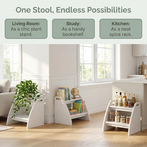 Image of Bamboo 2 Step Stool 300lbs Capacity, Wooden Two Step Stool with Non-Slip Handles, Heavy Duty Stepping Stool for Bedside High Beds Adults, Sturdy Small Bathroom Kitchen White Step Stool