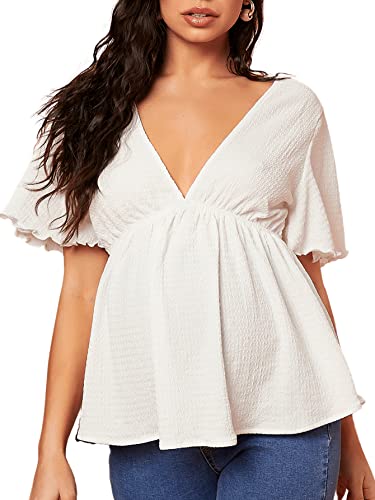 Oyoangle Women's Maternity Deep V Neck Short Sleeve Ruffle Hem Blouse Peplum Tops White M #TOP18