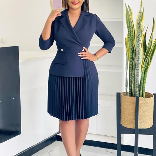 2025 Womens Wrap V Neck Fashion Blazer Dress 3/4 Sleeves High Waist Pleated Hem Flowy Midi Business Work Church Dress2