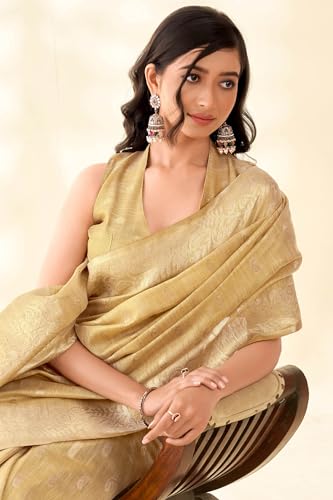 Image of SWORNOF Gold-Toned Woven Design Silk Zari Tissue Saree | Saree for Women | Soft and Skin Friendly