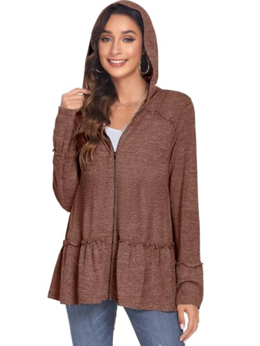 Image of DEESHA Plus Size Zip Up Hoodie for Curvy Women Spring Ruffle Hooded Sweatshirts Jacket Cardigans Lightweight