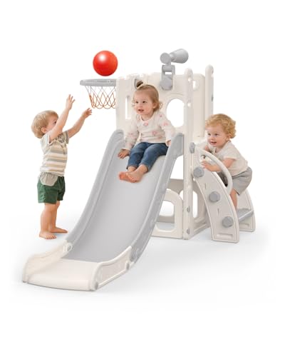 Hominewti Scivolo per Bambini, 5 in 1 Scivolo per Interni ed Esterni, Parco Giochi per Bambini con Canestro da Basket, Spazio di Archiviazione e Telescopio, Parco Giochi per Bambini da 1 Anno, Grigio