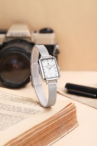 Image of London Fog Victoria Collection Analog Quartz Watch for Women with Textured Dial, Rectangular Metal Case, Mineral Glass, Mesh Strap & Water Resistant - LFW20006