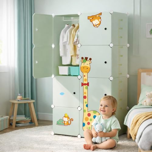 Image of Mevigo Plastic Wardrobe for Kids and Baby-Cupboard for Clothes, Almirah for Clothes, Baby Collapsible Wardrobe, Multi-Purpose Kids Storage Rack for Home Books,Toy,Living Room (Green-Q4, 8- Door)