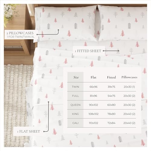 Image of Great Bay Home Flannel Sheet Set King Size - 100% Turkish Cotton, Double-Brushed, Printed Bed Sheets - Ultra-Soft, Cozy, 4-Piece Bedding Set (Winter Trees - Red)