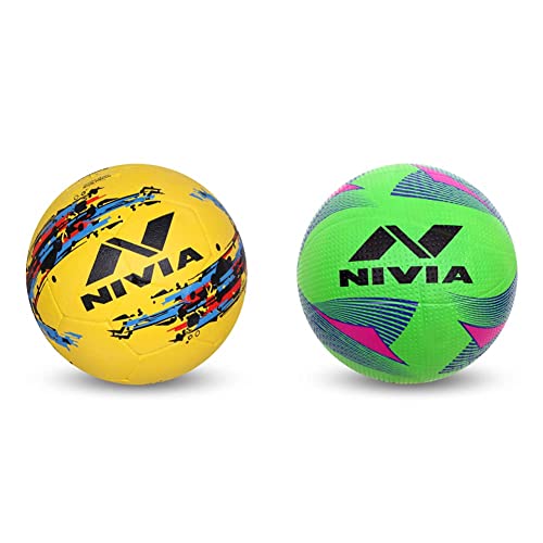 Image of Nivia Storm Football, Size 5 (Yellow) Rotator Moulded Rubber Volleyball, Adult Size 4 (Green) Combo