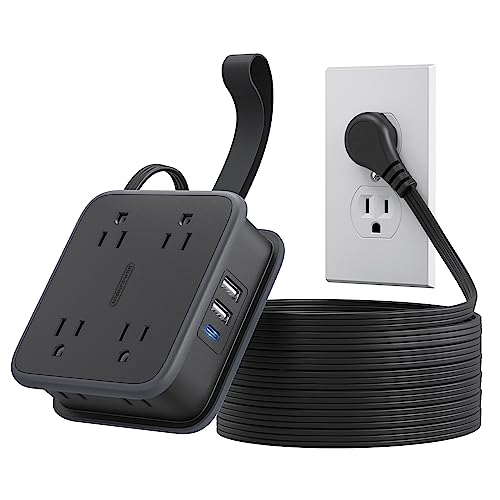 10 FT Flat Extension Cord Under Carpet, NTONPOWER Black Power Strip with 8 Widely Outlets 3USB Ports, Thin Extension Cord with Switch, 3 Side Outlet Extender for Home, Desk, Dorm, Nightstand