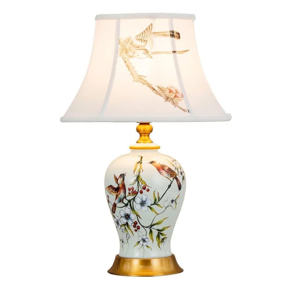 SGKOMN Chinese Applique Ceramic Table Lamp Desk Lamps European Style Living Room Bedroom Bedside Desk Nightstand Lamp With Embroidered Lampshade For Corridor Aisle