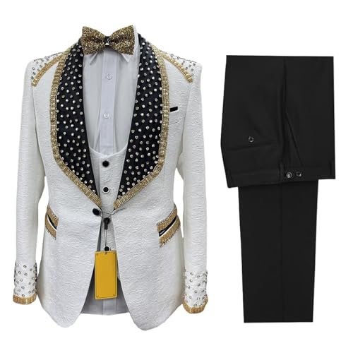 Men's Suit 3 Piece Gold Beaded Blazer Luxury Rhinestones Tuxedo for Wedding Party Prom