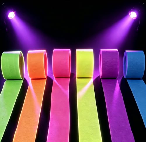 Image of 6 Rolls 600 Feet Neon Crepe Paper Streamers, UV Black Light Reactive Fluorescent Streamers, Glow In The Dark Neon Hanging Backdrop Decor for Glow Party, Birthday, Wedding,Halloween,Rave Party Supplies
