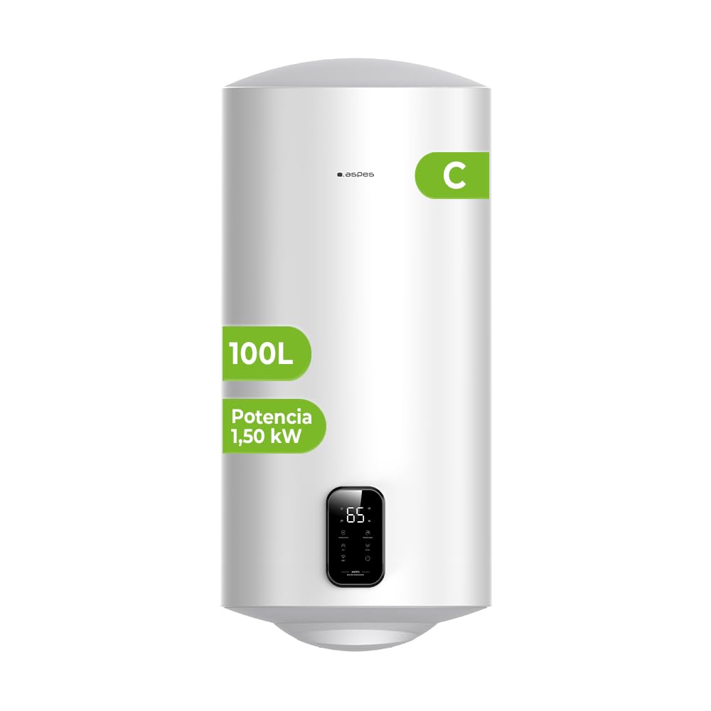 Aspes AT10000DW Elektrischer Durchlauferhitzer, 100 Liter, 1500 W, Montageset, emaillierter Stahl, digitales Thermostat, Temperatur max. 93 °C, Weiß, Energieeffizienz B
