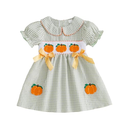 Toddler Halloween Baby Girl Outfit Smocked Dress Puff Sleeve Pumpkin Embroidery Plaid Dresses Summer Fall Clothes(Green 2-3 Years)