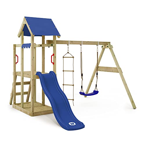 WICKEY Spielturm Klettergerüst TinyPlace mit Schaukel & Blauer Rutsche, Outdoor Kinder Kletterturm mit Sandkasten, Leiter & Spiel-Zubehör für den Garten