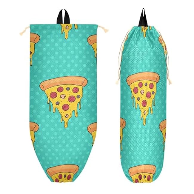 xigua Pizza Slices Plastic Bag Holder Wall Mount with Drawstring 2 Pack, Reusable Grocery Bag Organizer Decor for Bags, Socks, Underwear, And Neckties