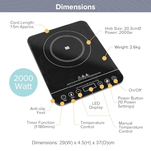 Quest 35839 Single Digital Induction Hob & Hot Plate / 10 Temperature Settings From 60-240°C/Touch Control with LED Display/Automatic Overheat Protection / 2000W