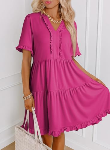Image of Dokotoo Womens Summer Dresses 2026 V Neck A Line Short Sleeve Casual Ruffle Babydoll Mini Dress