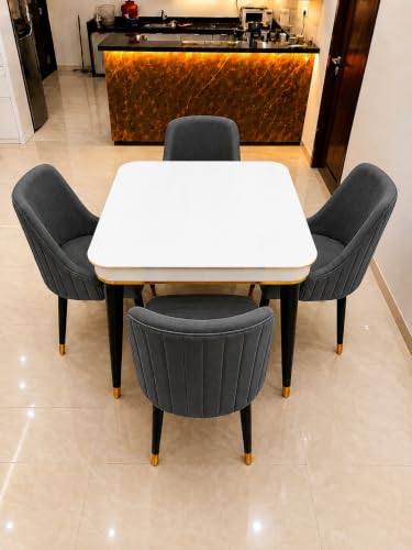 Image of WOODEN SPACE 4 Seater Wooden Dining Table Set | Urban Marble Top Dining Table with Chairs for Dining Room & Kitchen (Modern Infinity Backline Dark Grey) (42 x 42 x 30 inch)
