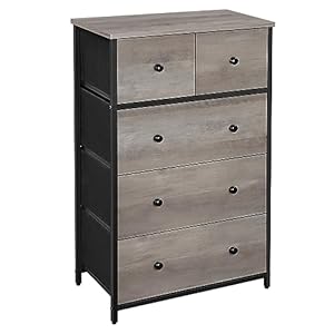 SONGMICS Drawer Dresser, Storage Dresser Tower with 5 Fabric Drawers, Dresser Unit, for Hallway, Bedroom, Heather Greige and Classic Black ULGS045G01