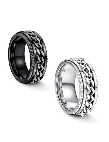 FIBO STEEL Stainless Steel 8mm Rings for Men Chain Rings Biker Grooved Edge,Spinner Ring with Chain Fidget Ring for Anxiety,Size 8 Black & Silver