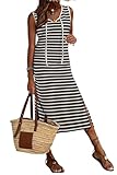 Picture of BLENCOT Womens Summer V Neck Striped Dress Sleeveless String Side Slit Casual Maxi Beach Dress Black Small