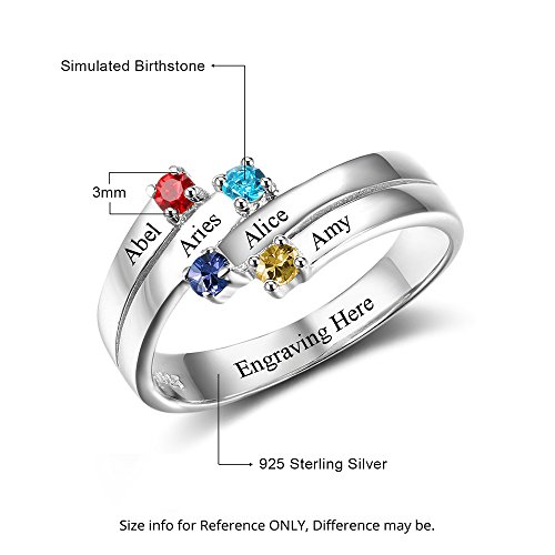 Love Jewelry Personalized Sterling Silver Mothers Rings with 4 Simulated Birthstones Custom 4 Names Family Promise Rings for Women3