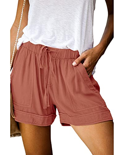 Btfbm Women Casual Shorts Plain Solid Color Elastic Waist Drawstring Summer Beach Lightweight Soft Short Lounge Pants (Solid Pink, Medium) #TOP3