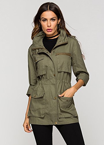 Escalier Women's Anorak Jacket Lightweight Drawstring Hooded Military Parka Coat Army Green - Thumbnail 2