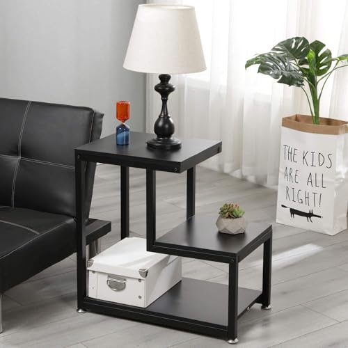 Image of 3 Tier Sofa Side Table, Modern Coffee Table Nightstands with Metal Frames and White MDF Desktop for Living Room Bed Rooms Decor (Full Black)
