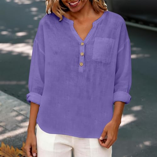 Camisas de algodón y lino para mujer blusa holgada transpirable casual 2