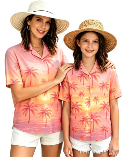 Image of SANGTREE Girls & Women's Hawaiian Shirts Button Down Short Sleeve Floral Tropical Shirt Beach Vacation Blouse Tops