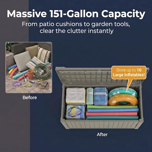 Image of 151 Gallon Resin Deck Box with Lockable Lid - Heavy-Duty Outdoor Storage for Patio Furniture, Garden Tools, Pool Accessories, BBQ Supplies - All-Weather Wood Grain Design