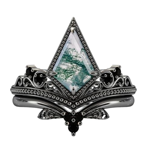 Natural Moss Agate Engagement Black Ring Set for Women 925 Sterling Silver Genuine Green Moss Agate Bridal Rings Set for Her with Engraving Moss Agate Promise Wedding Ring Set Size 4-15