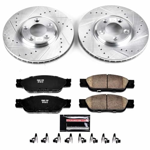 Image of PowerStop Front Brake Kit for Jaguar S-Type 2003-04 - Drilled and Slotted Disc Rotors with Carbon-Fiber Ceramic Brake Pads Replacement, K1353
