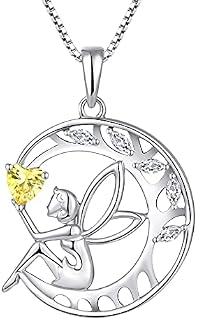FJ Guardian Angel Necklace 925 Sterling Silver Tree of Life Pendant Necklace Fairy Moon Necklace with Birthstone Cubic Zirconia Jewellery Gifts for Women Girls