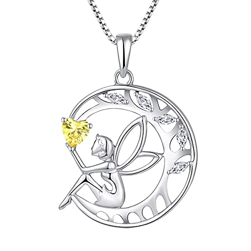 Fj Guardian Angel Necklace 925 Sterling Silver Tree Of Life Pendant Necklace Fairy Moon Necklace With November Citrine Birthstone Cubic Zirconia Jewellery Gifts For Women Girl #TOP17