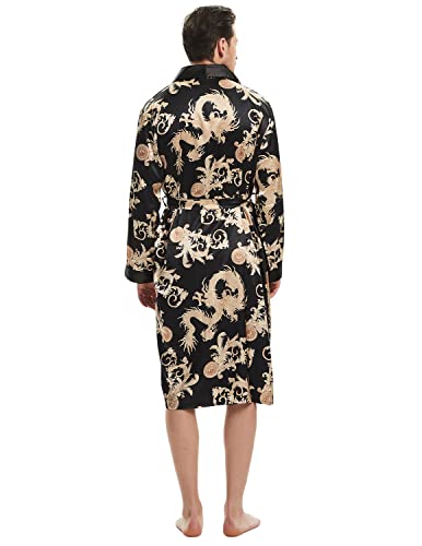 Haseil Men's Satin Robe Dragon Luxurious Silk Spa Long Sleeve House Kimono Bathrobe, Black, Tagsize3XL=UssizeXL