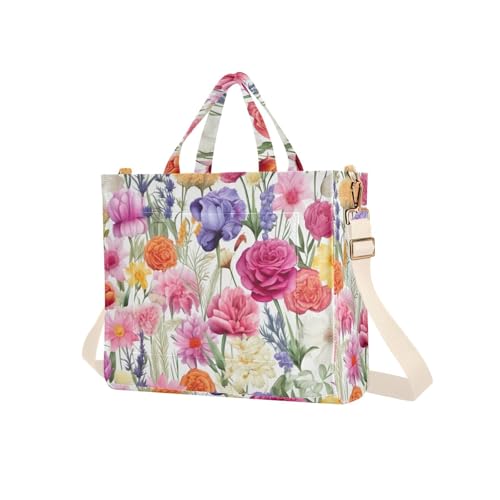 RunningBear Spring Colorful Flower Corduroy Tote Bag for Women Book Tote Bag with Adjustable Detachable Strap and Pockets for Travel Shopping Women
