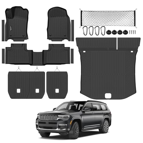 Tongama-Floor Mats for 2016-2021 Jeep Grand Cherokee & 2022 WK(Not for L), All Weather TPE Trunk Mat and Backrest Mats and Cargo Net and Door Sill Guards for Jeep Grand Cherokee Accessories