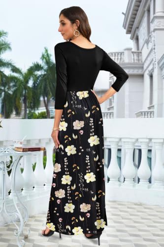 Image of WNEEDU Women's 3 /4 Sleeve Casual Loose Long Maxi Dresses with Pocket