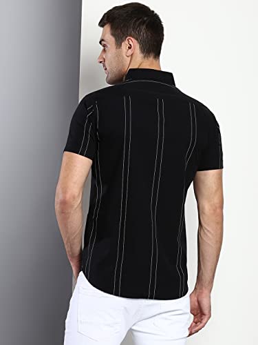 Image of Dennis Lingo Men's Striped Slim Fit Cotton Casual Shirt with Spread Collar & Half Sleeves